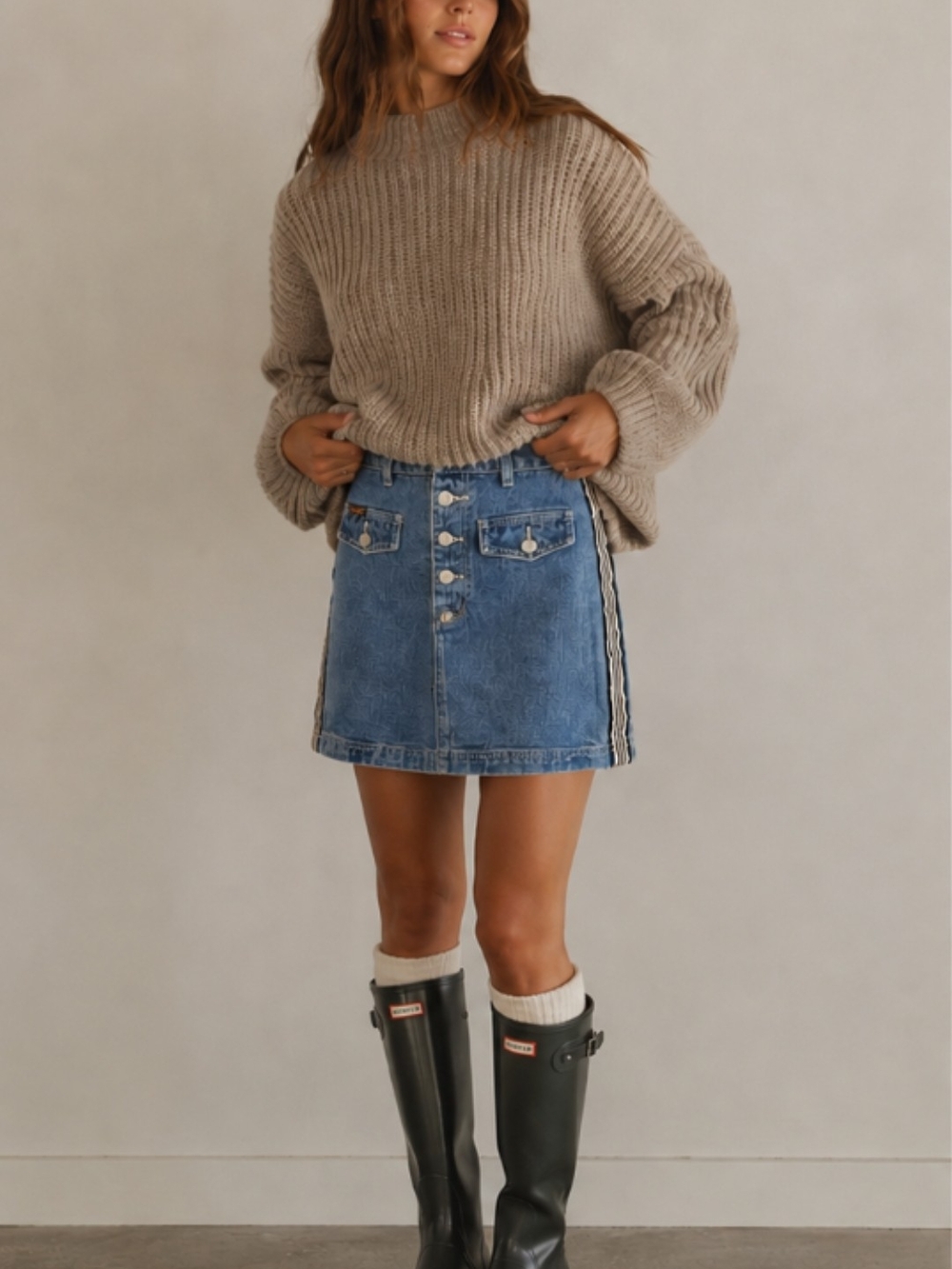 NWT Revolt Blue Denim Button-Front Mini Skirt with Side Stripe Detail